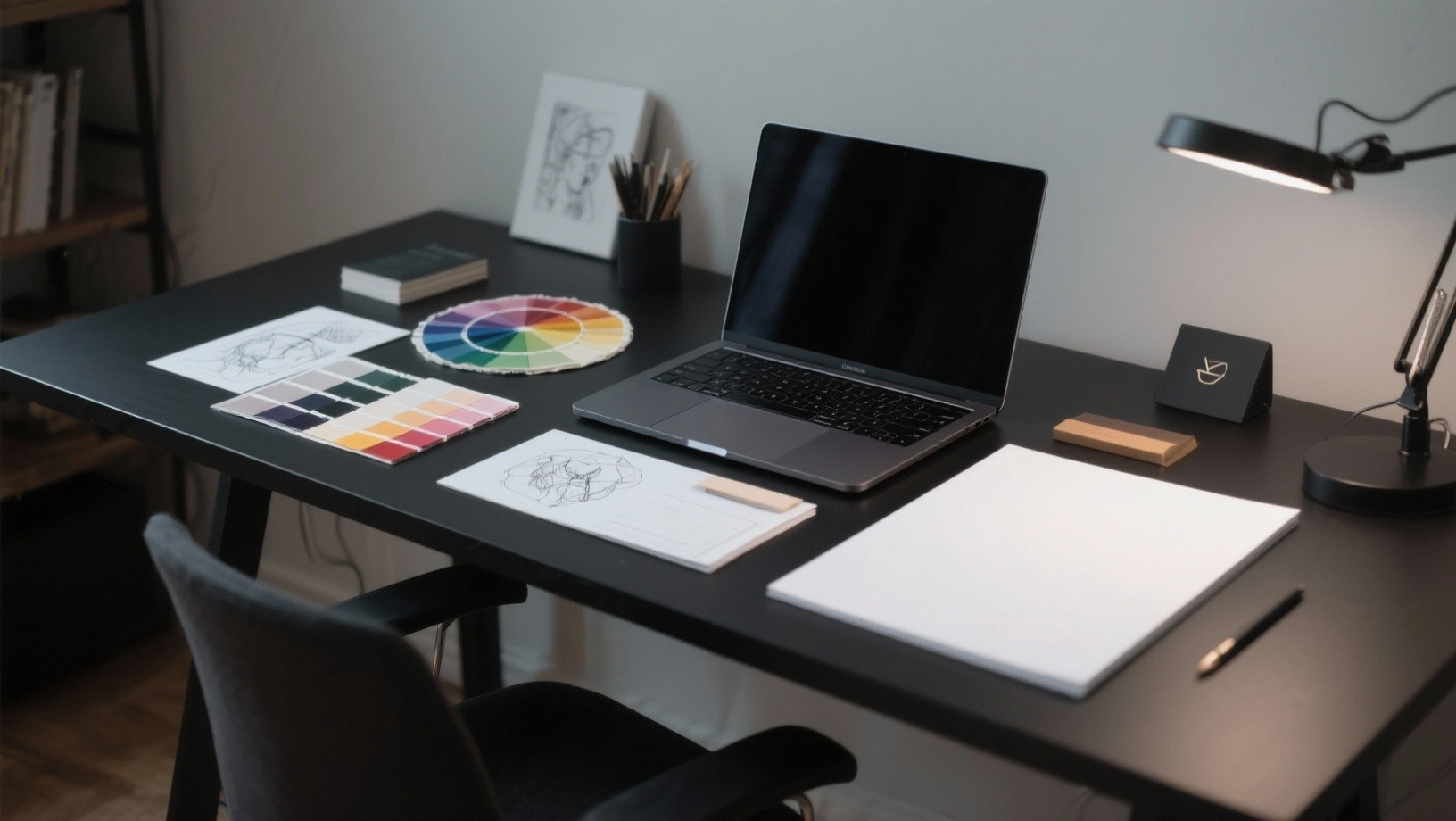 Brand identity design workspace with logo sketches
