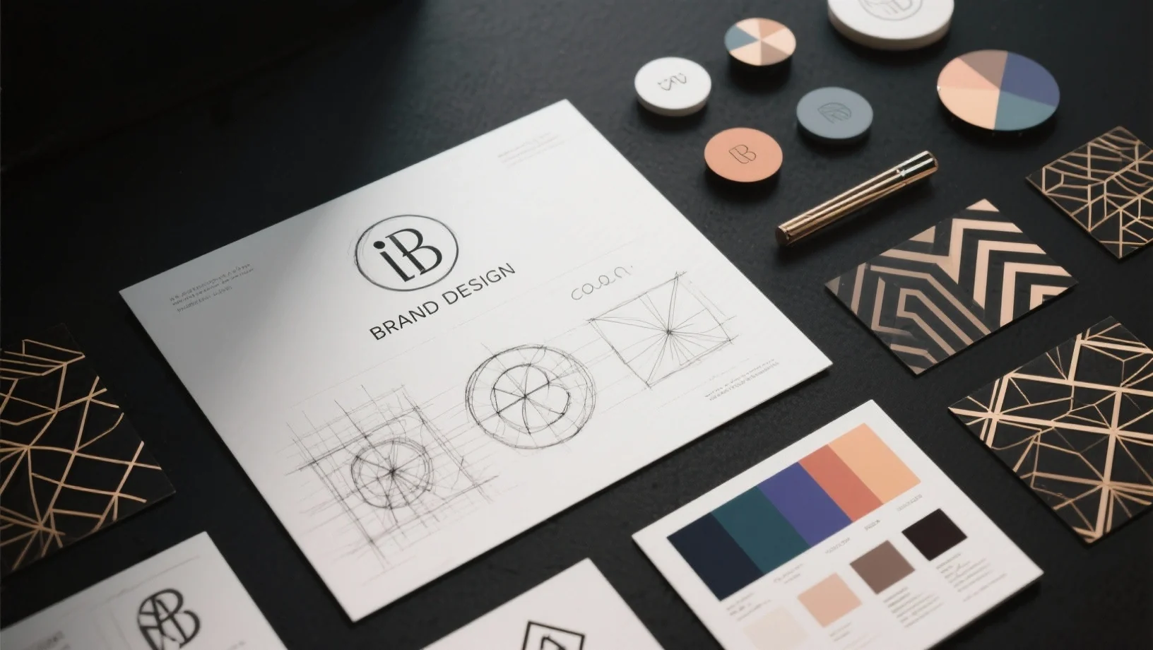 Branding elements: logo sketches, colour palette and patterns