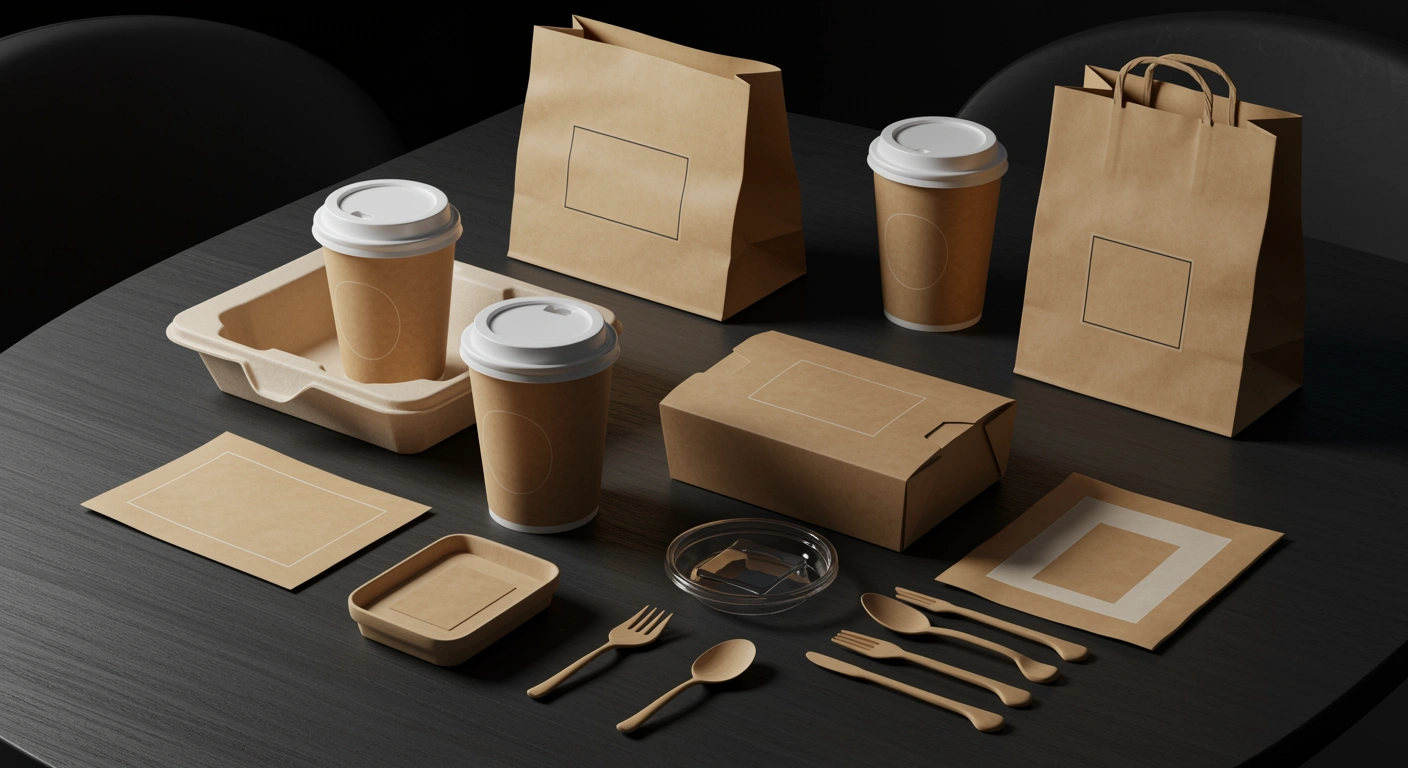 Cafe takeaway packaging: cups, kraft bags and food trays