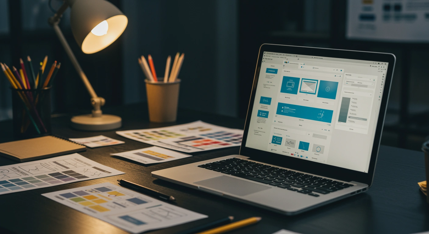Web design workspace with a website on screen