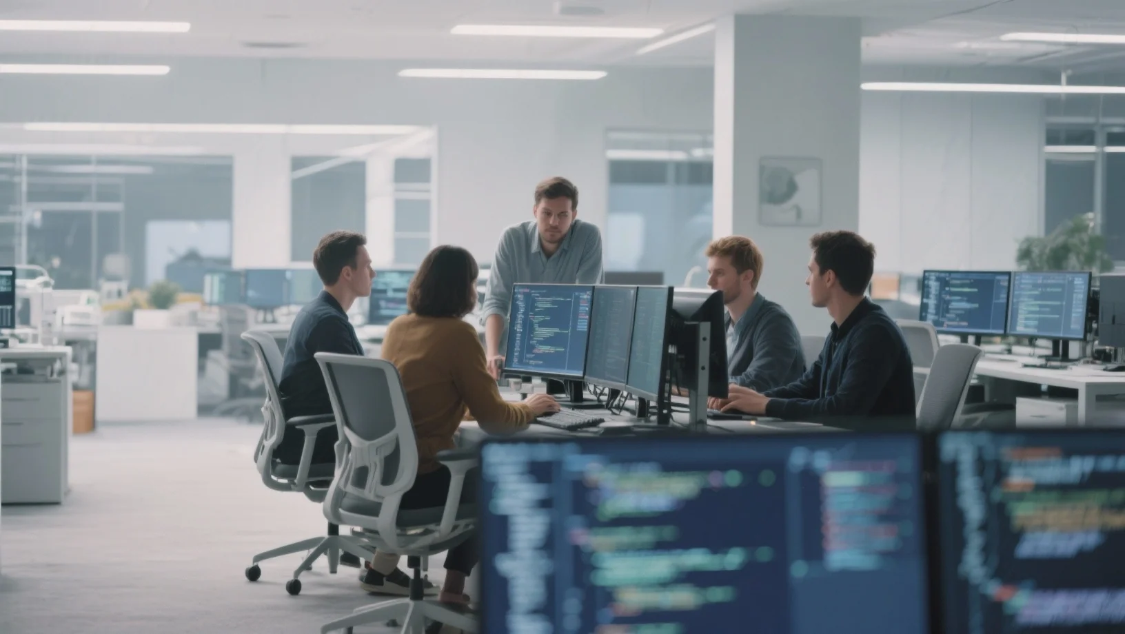 Web development team coding websites in an office