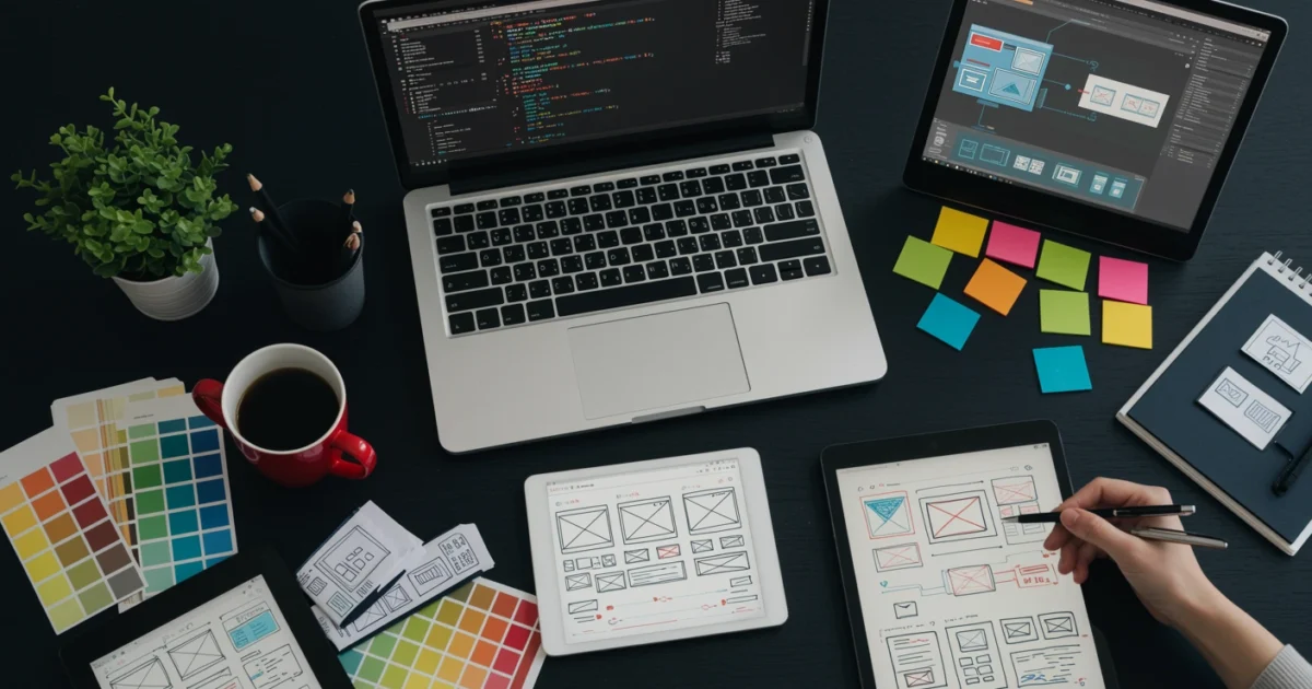 Web design wireframes, colour swatches and code on a laptop