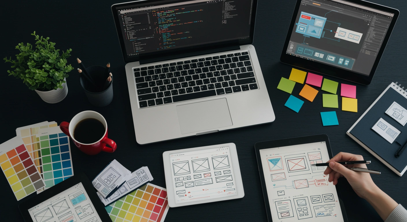 Web design wireframes, colour swatches and code on a laptop