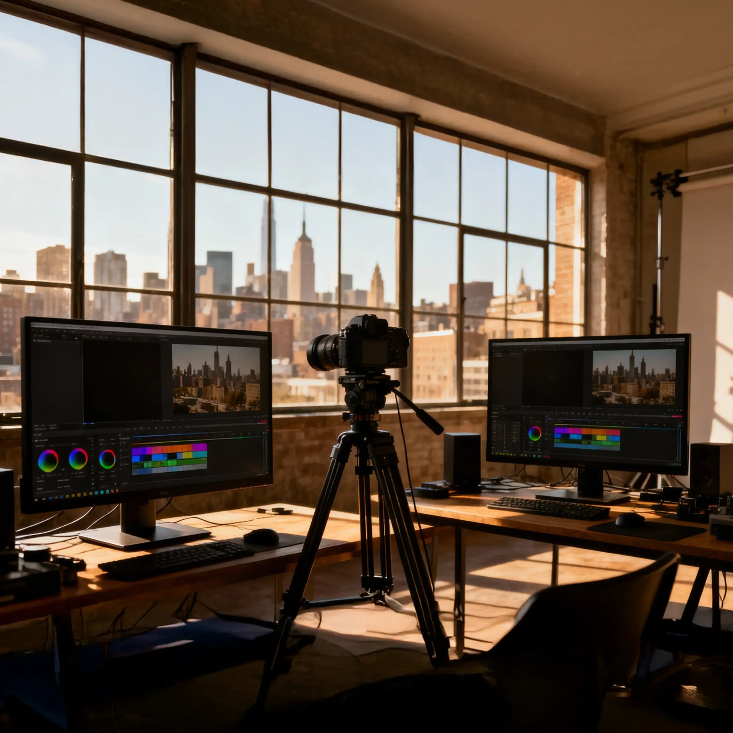 Video editing and production studio with camera