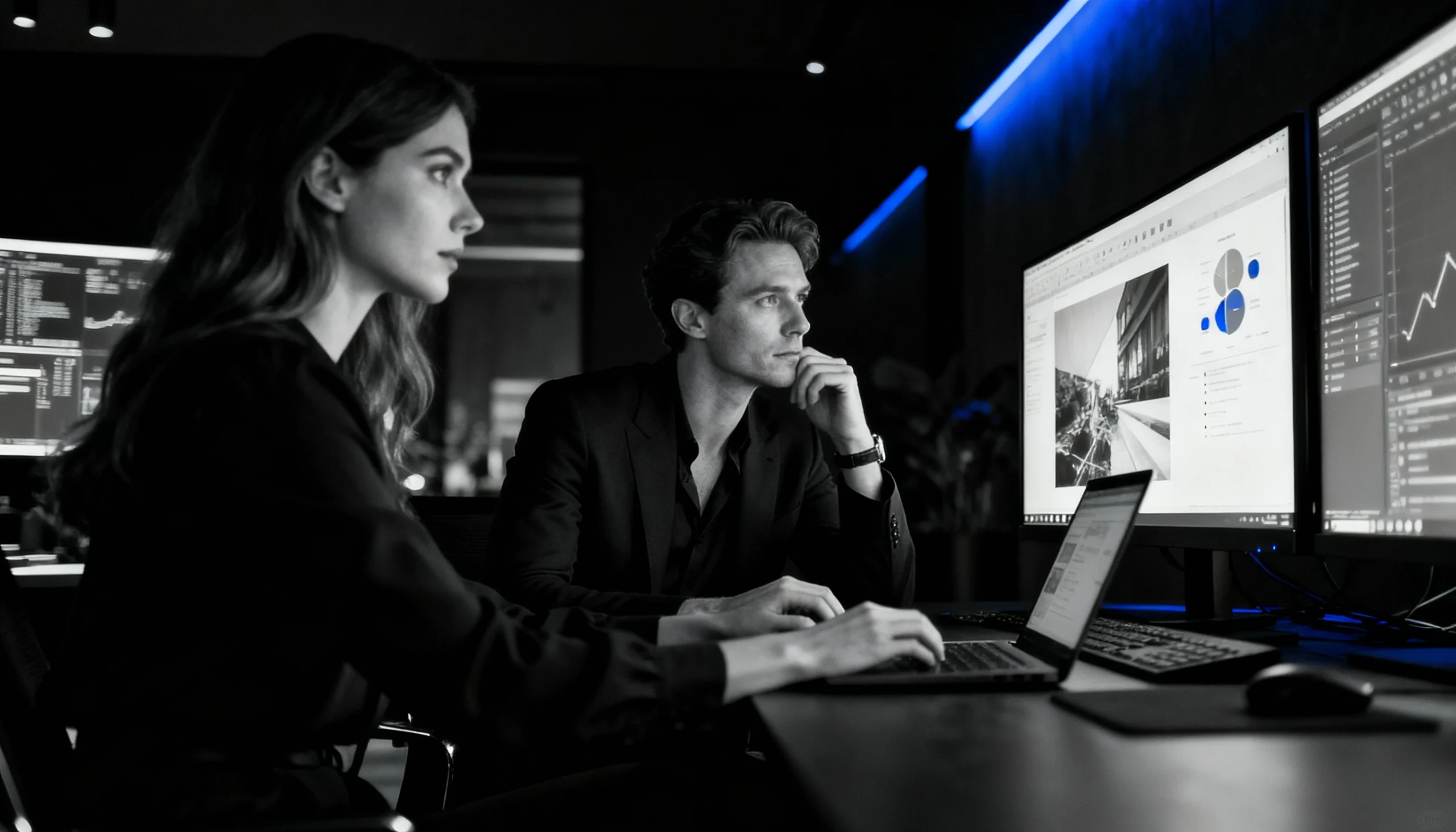 Marketing team reviewing campaign designs on screens