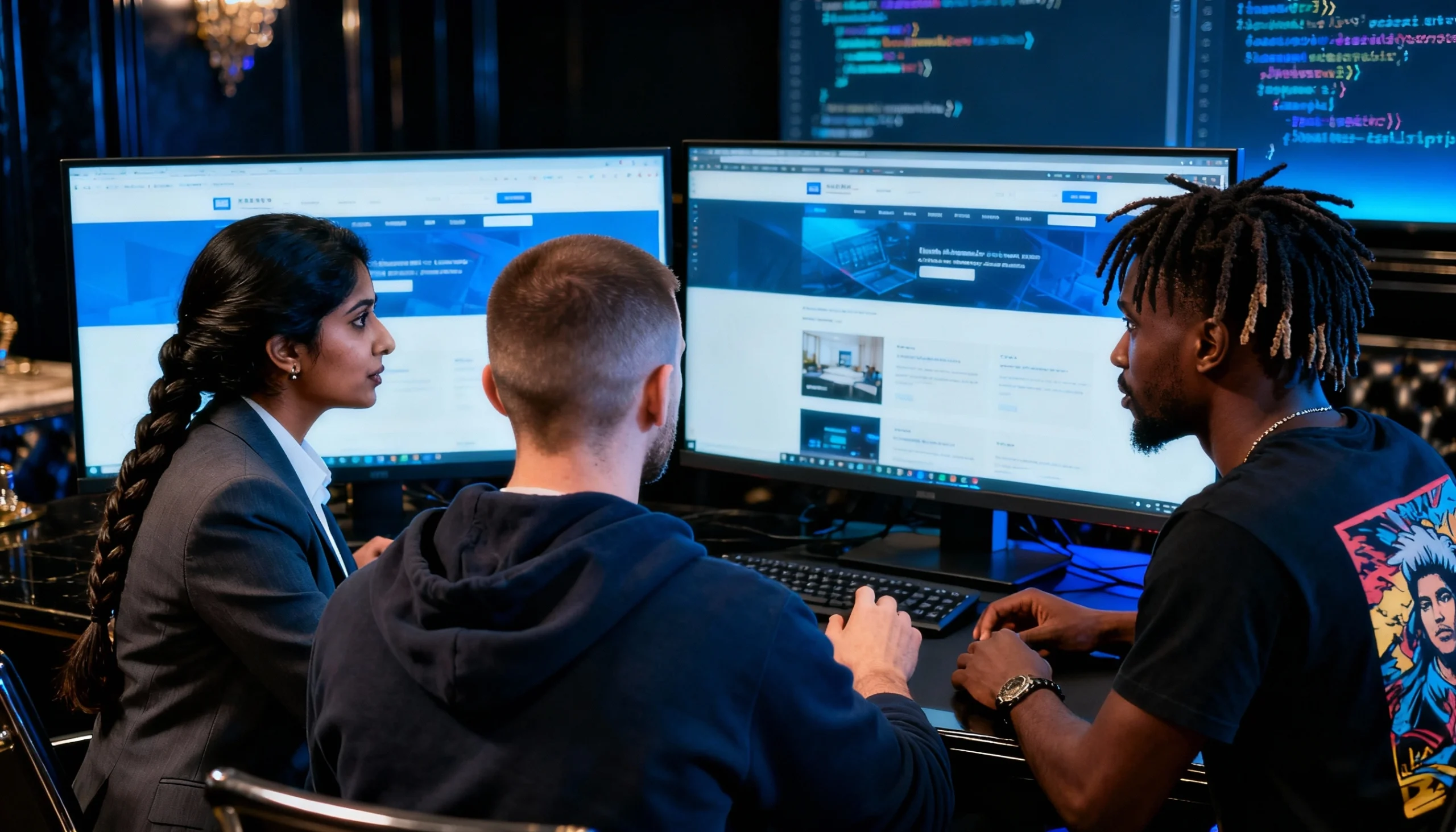 Web developers reviewing a website build together