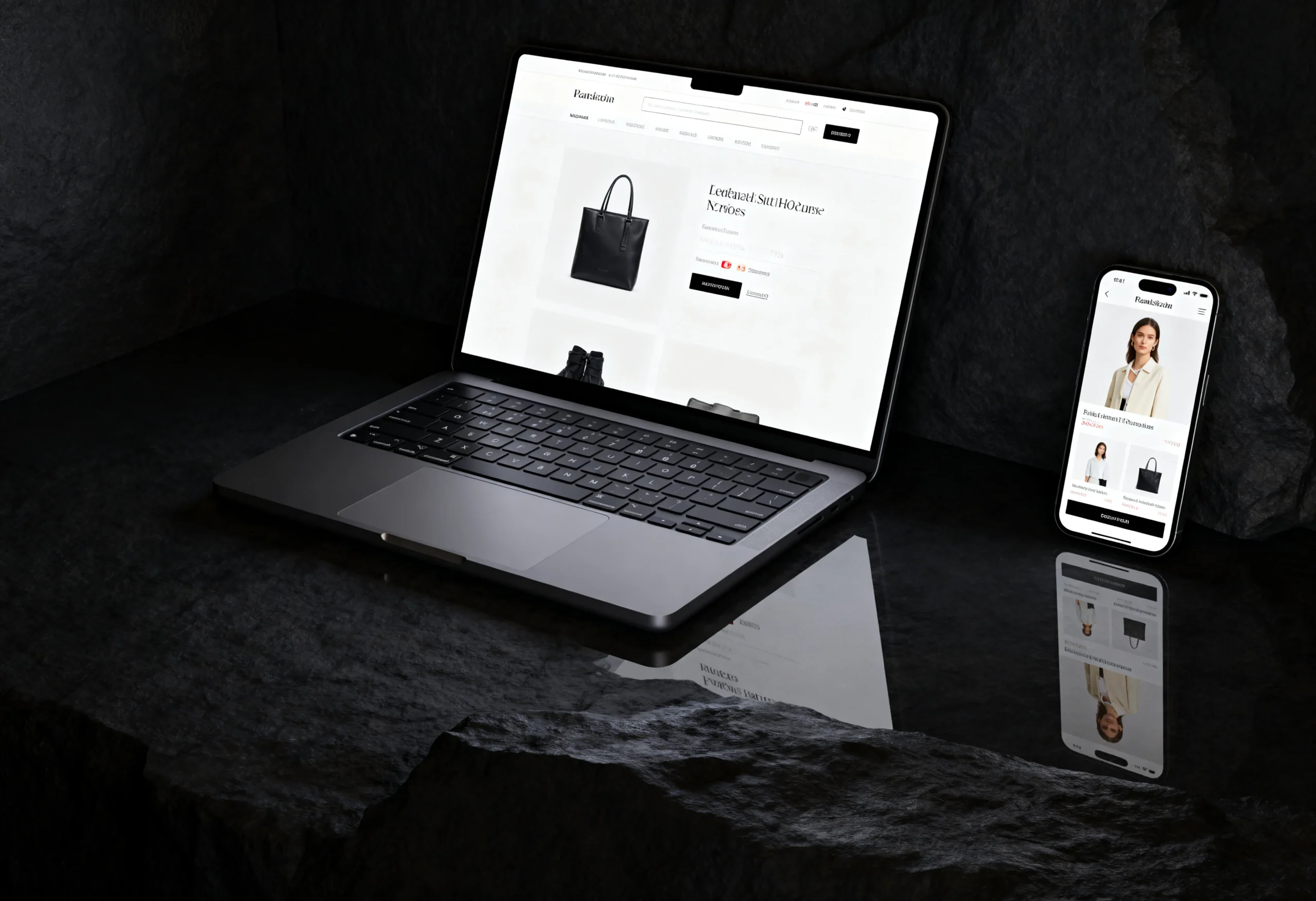 Online store product page on a laptop and a phone